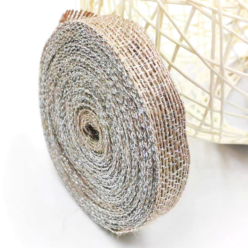 Decoração DIY Faixa de tecido de juta com linha de pesca prateada 85% Juta 15% Poliéster