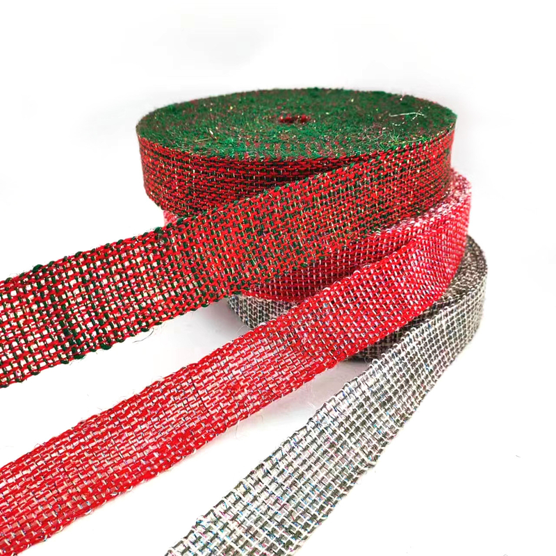 Sustentável 4 Cm Vermelho Laranja Prateado Colorido Decorativo de Natal Jute Ribbon Webbing