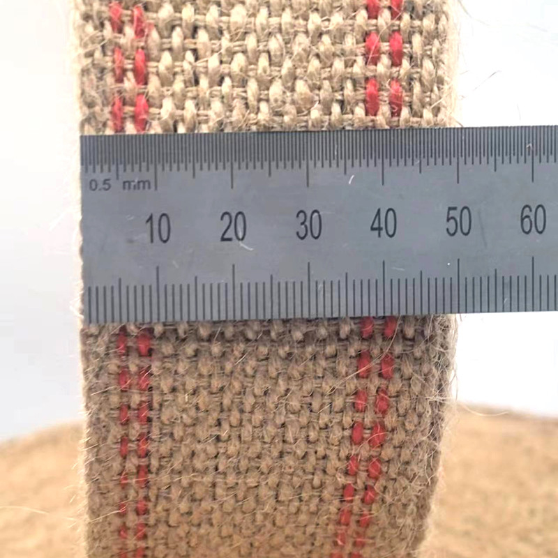 Grossa tecida natural com listras vermelhas, rolos de cinto de juta para alça de saco, sustentável e elegante