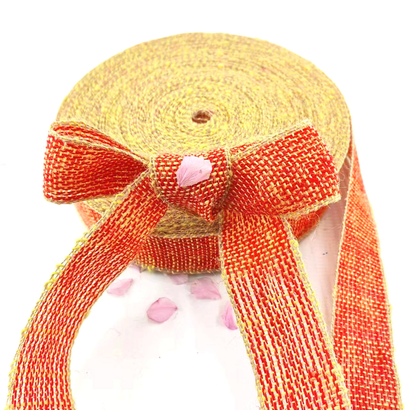Tecido 100% de jute de Natal Arco de jute fita com borda amarela para decoração doméstica